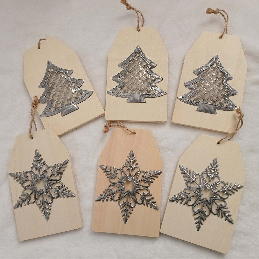 Set of 6 Natural Wooden Christmas Ornaments Tags Whit Metal Accents Farmhouse